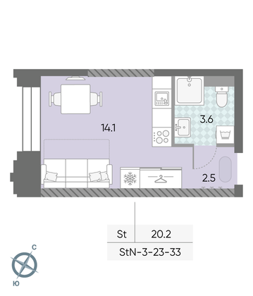 20,2 м², студия, 29/43 этаж