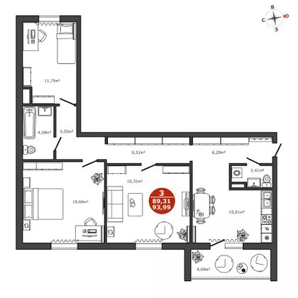 Продажа 3-комнатной квартиры 91,7 м², 3/16 этаж