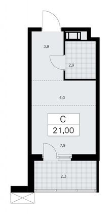 21 м², студия, 9/9 этаж