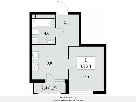 Продажа 1-комнатной квартиры 33,2 м², 12/16 этаж