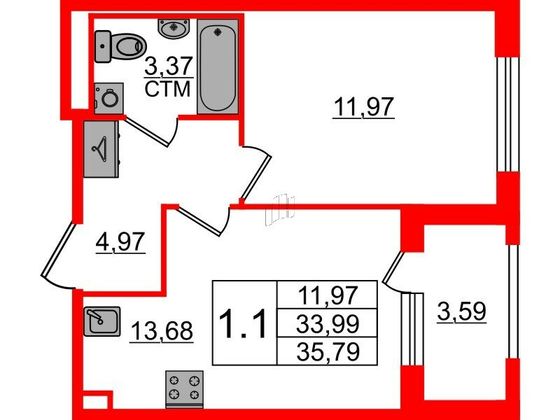Продажа 1-комнатной квартиры 34 м², 1/4 этаж