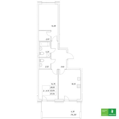 67,3 м², 2-комн. квартира, 1/8 этаж