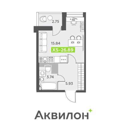 26,9 м², студия, 11/13 этаж