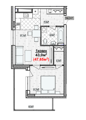 Продажа 1-комнатной квартиры 47,7 м², 13/19 этаж