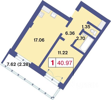 Продажа 1-комнатной квартиры 41 м², 5/13 этаж