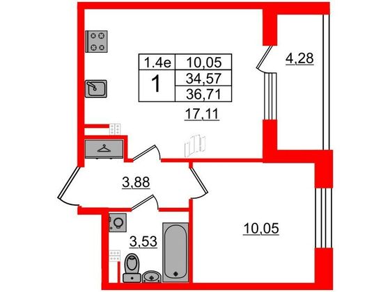 Продажа 1-комнатной квартиры 34,6 м², 4/5 этаж