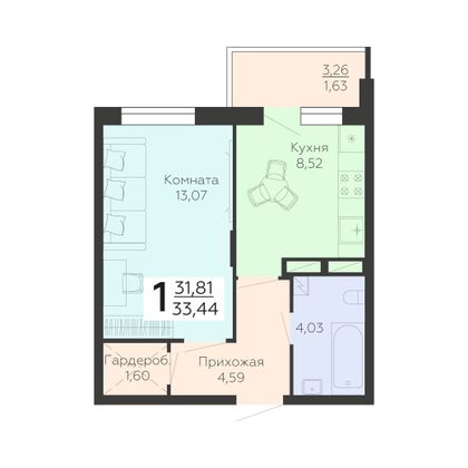 Продажа 1-комнатной квартиры 33,4 м², 14/19 этаж