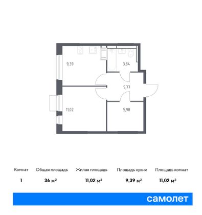 36 м², 1-комн. квартира, 8/12 этаж