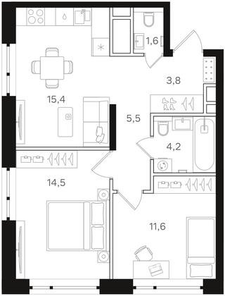 56,6 м², 2-комн. квартира, 9/24 этаж