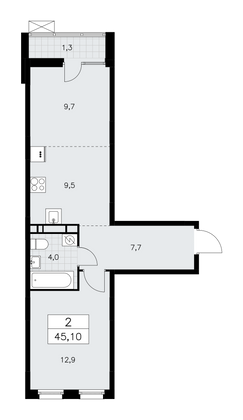 45,1 м², своб. планировка, 9/10 этаж