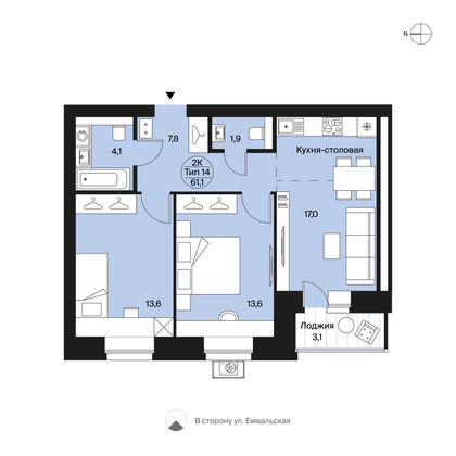 61,1 м², 2-комн. квартира, 12/12 этаж