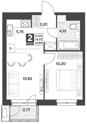 Продажа 2-комнатной квартиры 34,8 м², 19/25 этаж