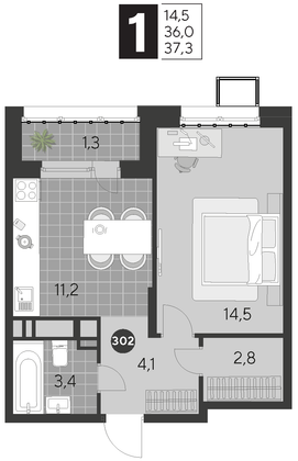 Продажа 1-комнатной квартиры 37,3 м², 6/21 этаж