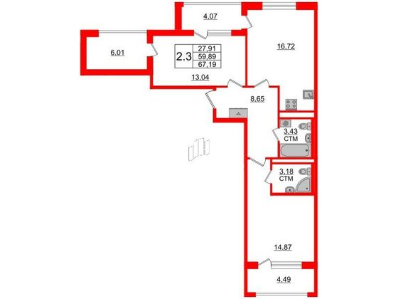 Продажа 2-комнатной квартиры 59,9 м², 3/4 этаж