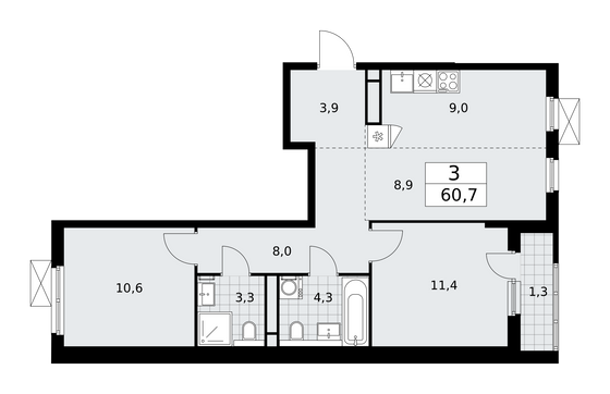 60,7 м², своб. планировка, 13/13 этаж