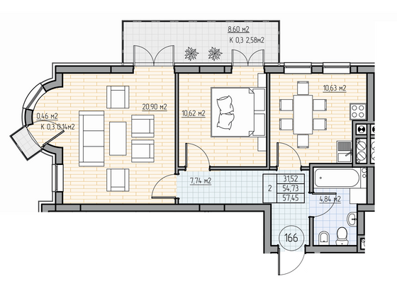 57,4 м², 2-комн. квартира, 4/7 этаж