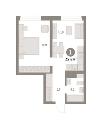 Продажа 1-комнатной квартиры 43,6 м², 2/13 этаж