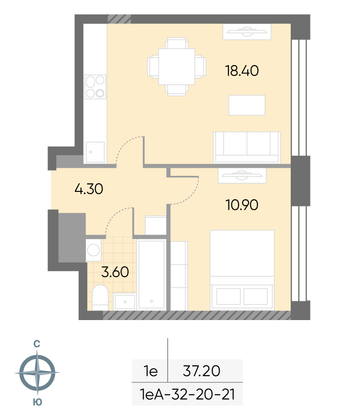 Продажа 1-комнатной квартиры 37,2 м², 21/30 этаж