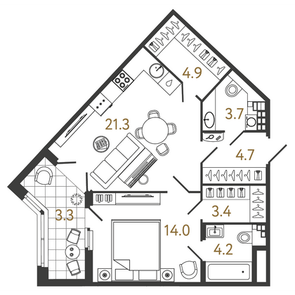 56,2 м², 1-комн. квартира, 4/9 этаж