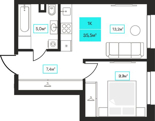 35,5 м², 1-комн. квартира, 2/23 этаж