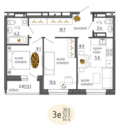 54,4 м², 3-комн. квартира, 19/25 этаж