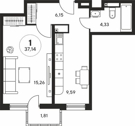 37 м², 1-комн. квартира, 25 этаж