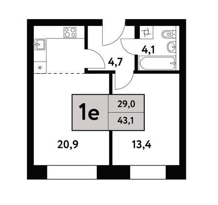 43,1 м², 2-комн. квартира, 3/35 этаж