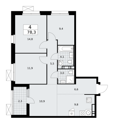 78,3 м², 4-комн. квартира, 9/17 этаж