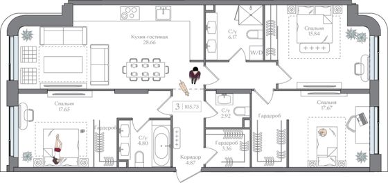 105,7 м², 3-комн. квартира, 6/10 этаж