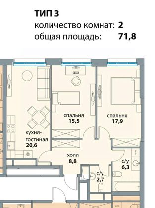 Продажа 2-комнатной квартиры 71 м², 22/43 этаж