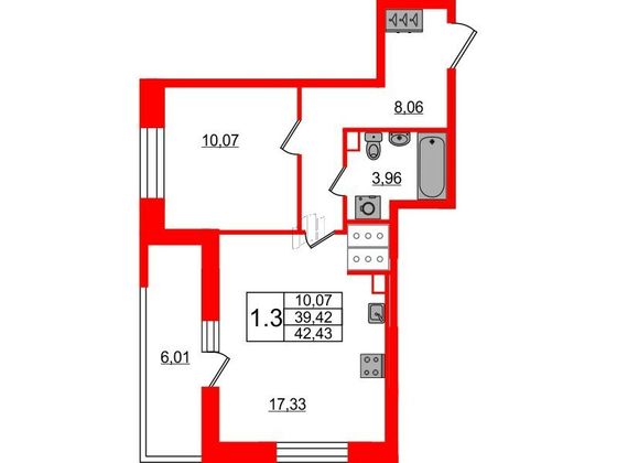 Продажа 1-комнатной квартиры 39,4 м², 2/23 этаж