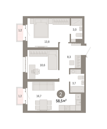 58,5 м², 2-комн. квартира, 20/31 этаж