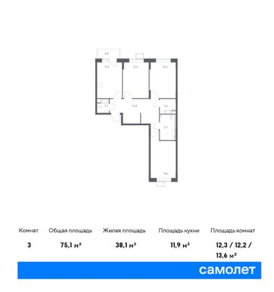 75,1 м², 3-комн. квартира, 12/16 этаж