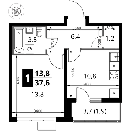 37,6 м², 1-комн. квартира, 3/22 этаж