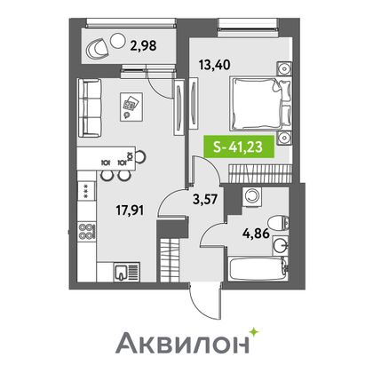 41,2 м², 1-комн. квартира, 4/12 этаж