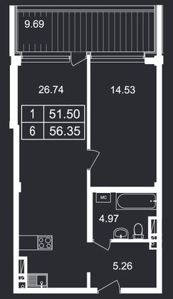 Продажа 1-комнатной квартиры 56,3 м², 2/8 этаж