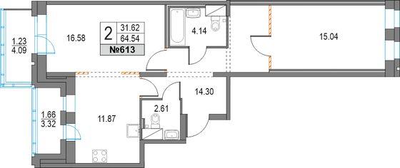 64,5 м², 2-комн. квартира, 3/25 этаж