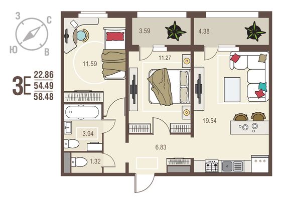 58,5 м², 2-комн. квартира, 6/10 этаж