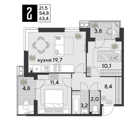 Продажа 2-комнатной квартиры 63,4 м², 2/9 этаж