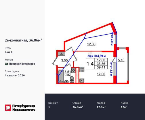 Продажа 1-комнатной квартиры 36,9 м², 4/4 этаж