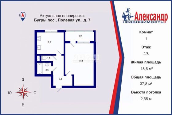 Продажа 1-комнатной квартиры 37,8 м², 2/8 этаж