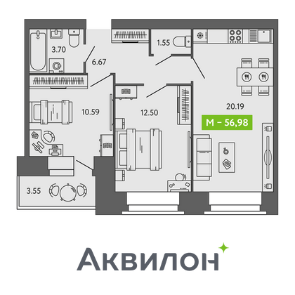 57 м², 2-комн. квартира, 6/9 этаж