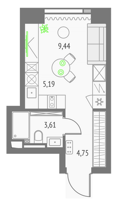 23 м², студия, 6/47 этаж