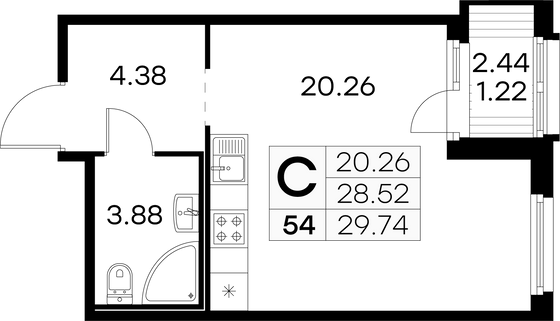 29,7 м², студия, 6/15 этаж