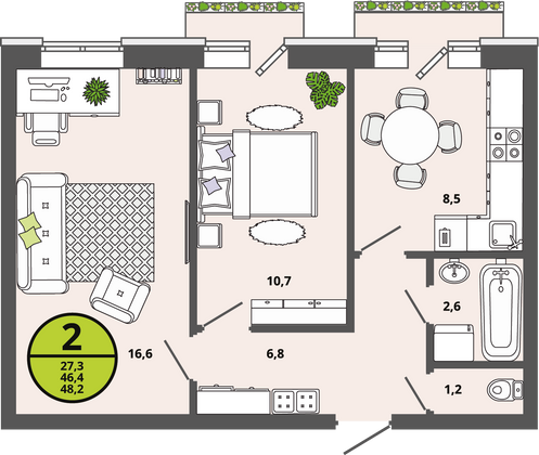 46,4 м², 2-комн. квартира, 3/3 этаж