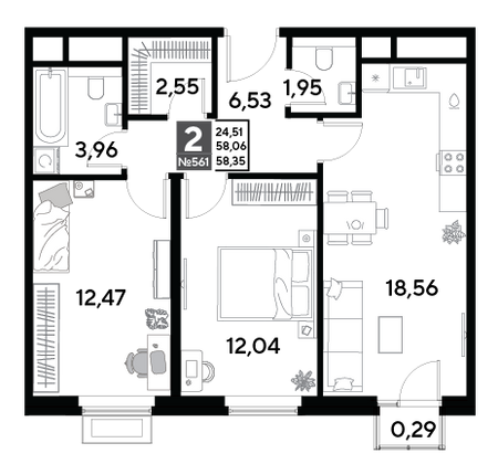 Продажа 2-комнатной квартиры 58,3 м², 24/25 этаж