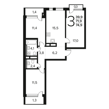 Продажа 3-комнатной квартиры 74,9 м², 3/12 этаж