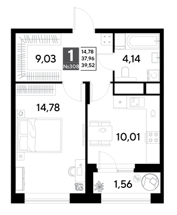 Продажа 1-комнатной квартиры 39,5 м², 25/25 этаж
