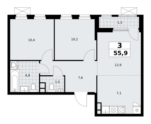 55,9 м², 3-комн. квартира, 9/30 этаж