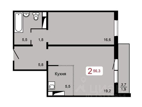 Продажа 2-комнатной квартиры 56,3 м², 5/17 этаж